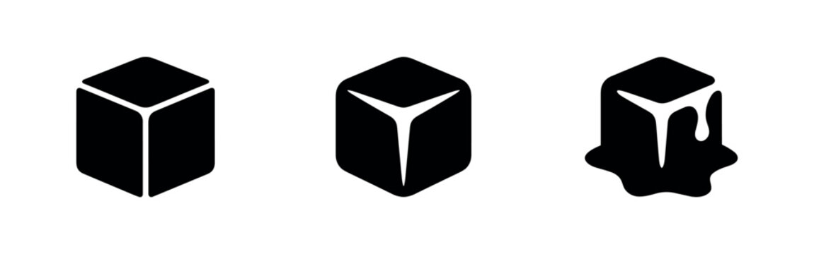 Ice cube icons set. Black and white vector illustrations of solid and melting ice cubes, ideal for cooling, drinks, and heat concepts.