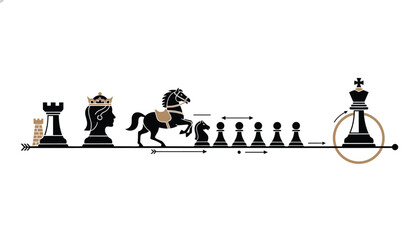Chess Pieces Arranged in a Row with a Knight and King Highlighted Featuring Rook, Pawn, Bishop with Queen and Board Elements © Ayesha