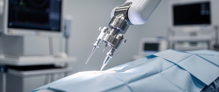 Advanced robotic surgical instrument with precision tools in a sterile operating room for innovative medical procedures and enhanced patient care