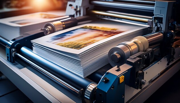 high quality magazine brochure and poster printing services close up shot of printing machine rollers and freshly printed materials