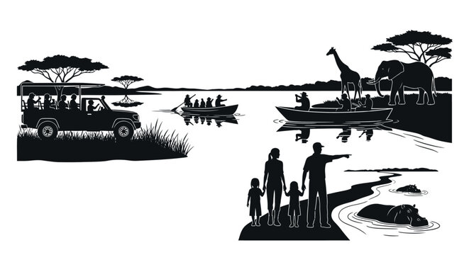 Family watching safari boat tour with giraffe and wildlife scene.