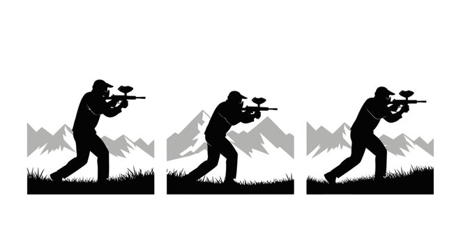 Silhouette of paintball player in action sequence.