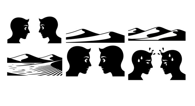 Silhouette heads with brain waves and communication symbols.