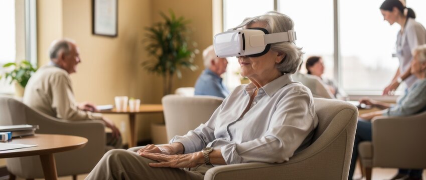 Elderly Woman Using Virtual Reality Headset in Modern Assisted Living Facility with Engaged Residents and Staff in Background for Innovative Technology Experience