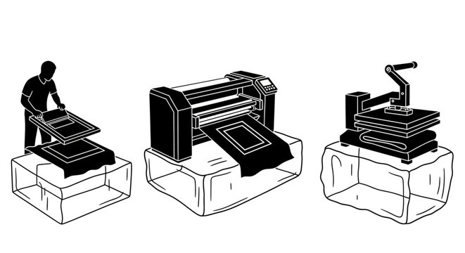 Illustration of printing press machines and operator.