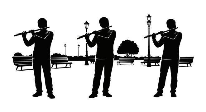 Silhouettes of musicians playing flutes in a park setting.