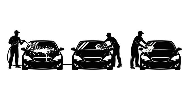 Car wash service with workers cleaning vehicles.
