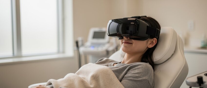 Young woman enjoying virtual reality experience while relaxing in a comfortable chair in modern clinical setting during therapy session therapy session