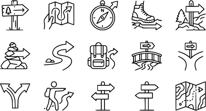 Outdoor Adventure Hiking  Navigation Line Art Icons Set