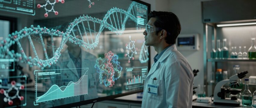 Scientist Analyzing DNA Structure and Genetic Data on a Digital Display in a High-Tech Laboratory Environment