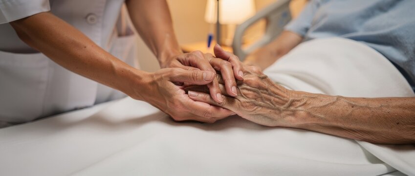 Compassionate caregiver holding hands with elderly patient in hospital bed, representing compassion, care, and support during recovery process