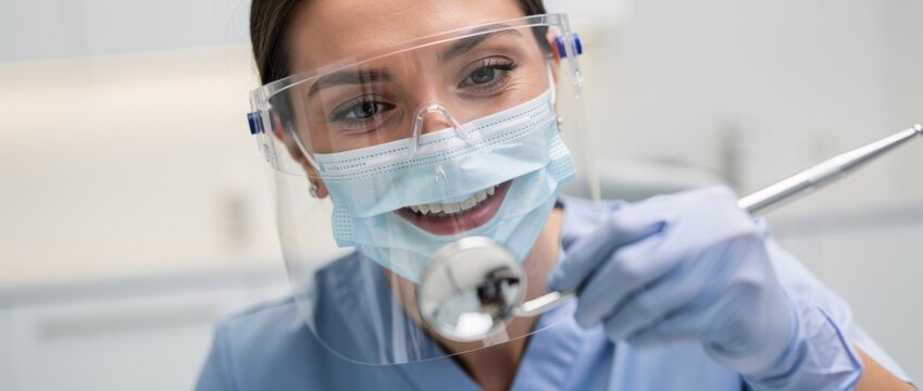 Smiling Female Dentist in Personal Protective Equipment Examines Dental Tool for Patient Care in Modern Clinic Setting