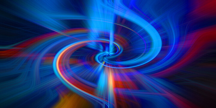 Abstract vortex tunnel effect featuring bright blue and orange light streaks swirling into center for energetic digital visuals.