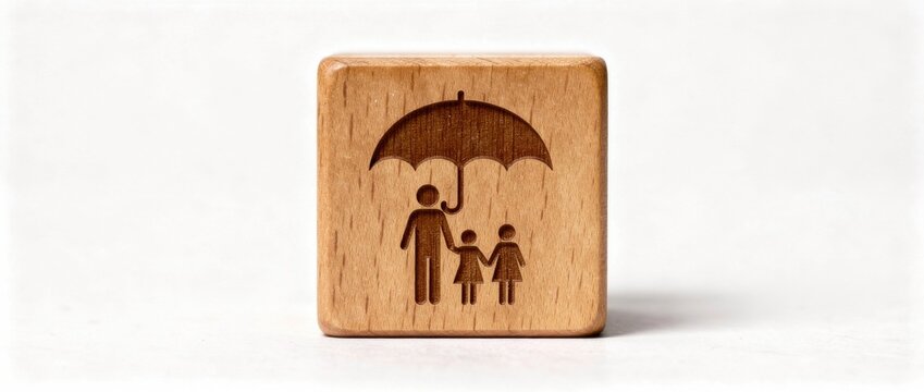 Wooden block with engraved family under umbrella symbolizing protection, safety, and care in parenting and family dynamics in a minimalist style