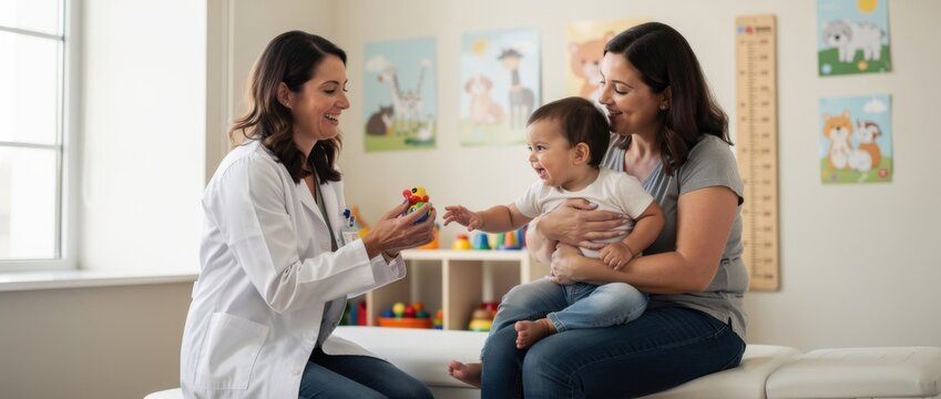 Pediatric consultation with a doctor, a mother, and a joyful baby during a developmental assessment in a bright and engaging clinic setting