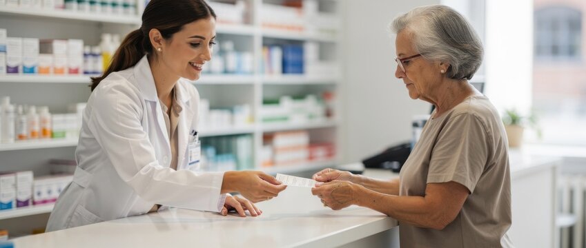 Smiling pharmacist assisting an elderly woman with medication in a modern pharmacy environment, showcasing strong customer service and healthcare connection