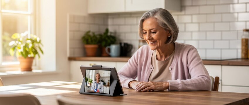 Senior woman using tablet device to video call doctor at home, bright kitchen setting, focused on health care, technology in daily life, wellness checkup