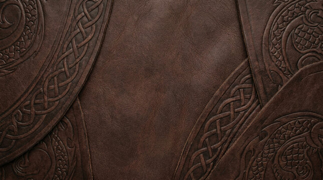 Dark brown embossed leather background with curved ornamental borders, intricate patterns, and smooth central copy space, ideal for luxury branding, packaging, posters, and vintage designs.