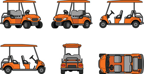 Golf cart cartoon vector illustration collection featuring electric utility vehicle in front, side, rear and top views isolated on white background © Yevhenii creative