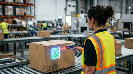 Fototapeta premium Smart global trade worker scanning parcel in busy warehouse with focused energy