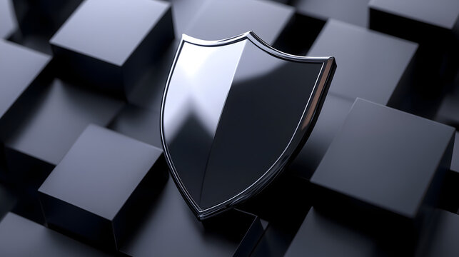 A metallic shield icon resting on a background of dark three dimensional cubes.
