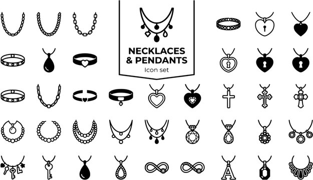 flat line necklace pendant icons set black and white vector, thin minimalist style, chain choker locket heart cross pearl layered diamond charm teardrop infinity initial birthstone statement moon star
