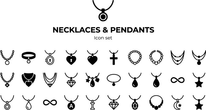 flat line necklace pendant icons set black and white vector, thin minimalist style, chain choker locket heart cross pearl layered diamond charm teardrop infinity initial birthstone statement moon star