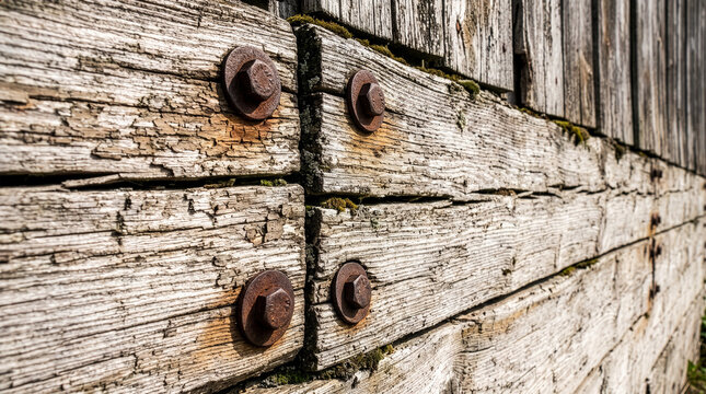 Texture 129 Rusty Metal Bolts on Weathered Old Wooden Wall with Moss