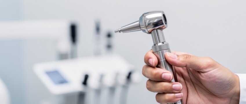 Medical professional holding an otoscope tool in a clinical setting with examination equipment in the background for healthcare and diagnostic purposes