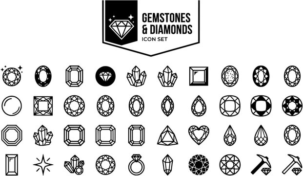 flat line gemstone diamond icons set black and white vector, thin minimalist style, diamond brilliant ruby emerald sapphire amethyst topaz opal pearl princess round oval marquise pear cushion radiant 
