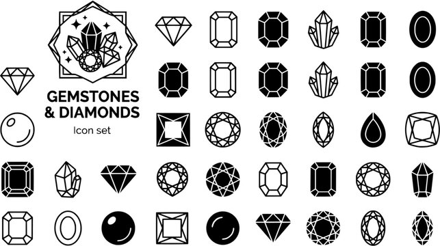 flat line gemstone diamond icons set black and white vector, thin minimalist style, diamond brilliant ruby emerald sapphire amethyst topaz opal pearl princess round oval marquise pear cushion radiant 