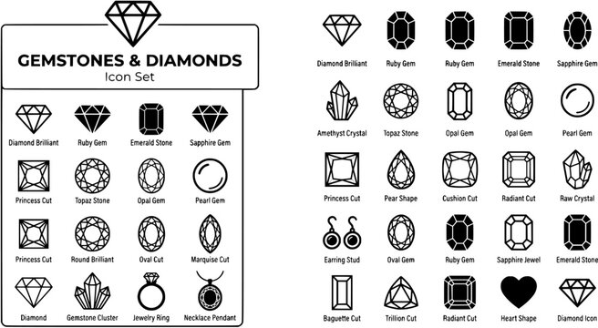 flat line gemstone diamond icons set black and white vector, thin minimalist style, diamond brilliant ruby emerald sapphire amethyst topaz opal pearl princess round oval marquise pear cushion radiant 