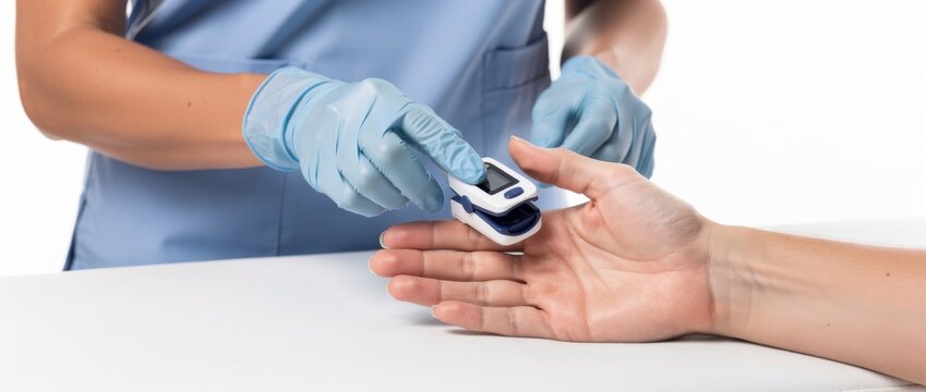 Healthcare Professional Using Pulse Oximeter on Patient's Hand in Clinical Setting to Measure Oxygen Levels and Health Parameters Effectively