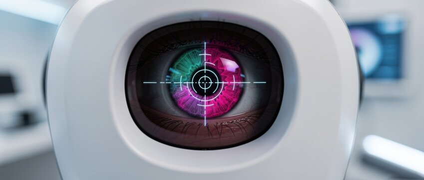 Close-Up of Human Eye with Colorful Iris and Digital Targeting Reticle in Modern Laboratory Environment for Research and Technology Innovation
