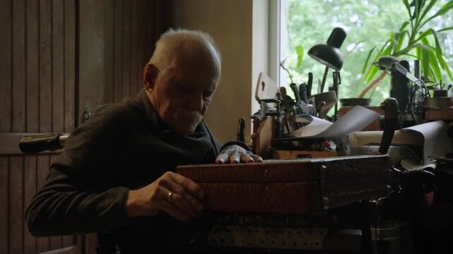 Elderly craftsman working in his old workshop, carefully restoring collectible Japanese bladed weapons