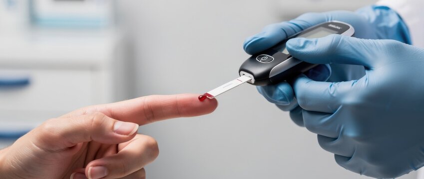 Doctor uses a blood glucose meter to check a patient's blood sugar level in a medical clinic for diabetes management and health monitoring purposes