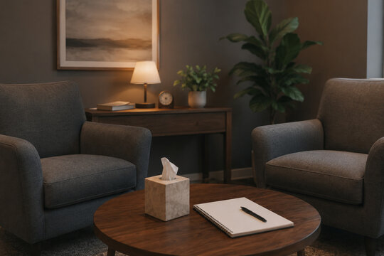 Calm Therapy Office with Chairs Notebook and Professional Counseling Space