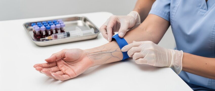 Medical professional securing tourniquet on arm before blood test in clinical environment with blood samples in background