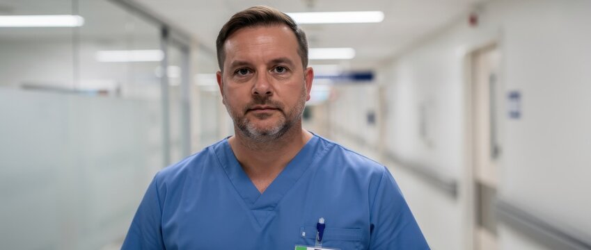 Professional male nurse in blue scrubs standing in a hospital hallway, looking serious and focused, ready to assist patients in a healthcare environment.