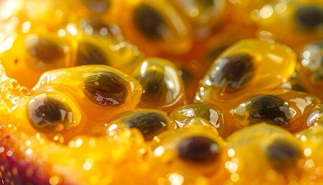 Extreme close-up macro of juicy passion fruit pulp with dark seeds and glossy texture, ideal for organic fruit, tropical desserts, and refreshing beverage advertising