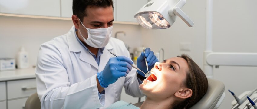 Dentist examining patient's teeth in modern dental clinic with focus on oral health and treatment procedures in bright healthcare environment