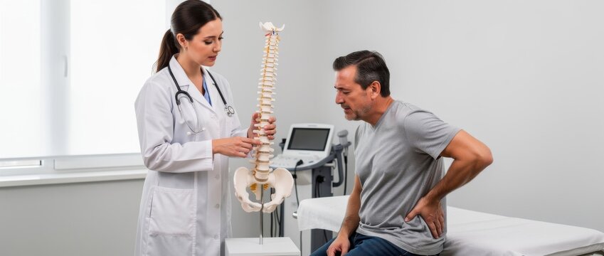 Doctor Explaining Spine Anatomy to Patient During Consultation in Modern Clinic Setting for Health and Wellness Stock Photo
