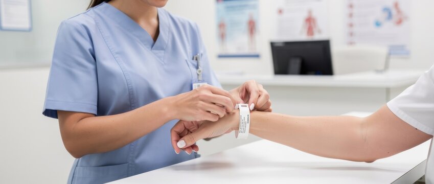 Healthcare professional placing wristband on patient arm in medical facility demonstrating patient identification process in clinical environment
