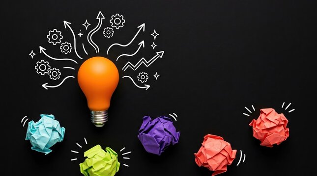 Brainstorming, innovation, creative ideas concept with glowing light bulb and colorful crumpled paper.