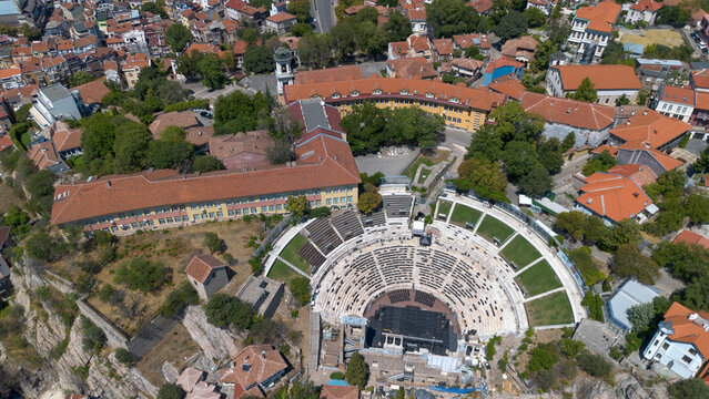 Aerial view of the ancient Roman Theatre of Philippopolis in Plovdiv Bulgaria