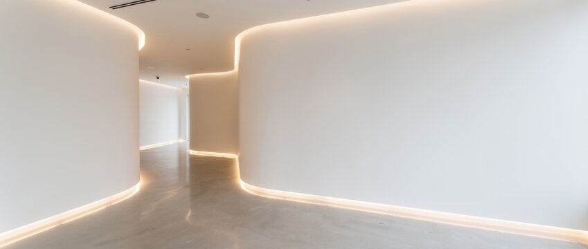 Modern Minimalist Interior with Curved Walls and Subtle Ambient Lighting in a Spacious, Contemporary Environment
