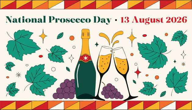 National prosecco day celebration illustration featuring vintage wine bottle and glasses