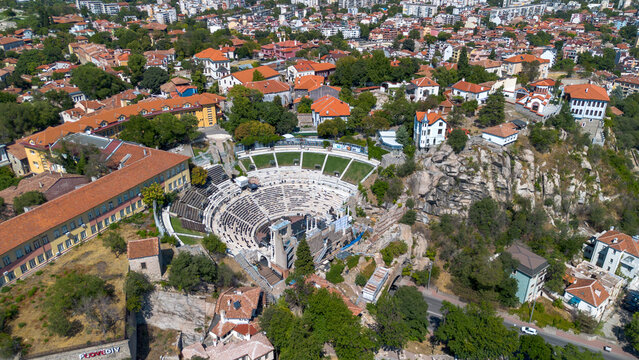 Aerial view of the ancient Roman Theatre of Philippopolis and Old Town in Plovdiv Bulgaria