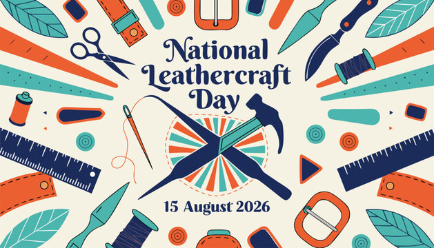 Colorful national leathercraft day illustration featuring various professional crafting tools
