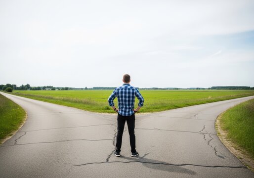 Young Man Standing at a Fork in the Road Making a Life Decision Concept Image in Rural Landscape